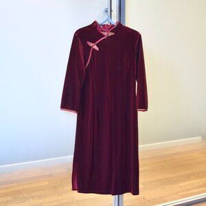 Red Velour Flora Button Qipao Midi Dress - Chinese Cheongsam